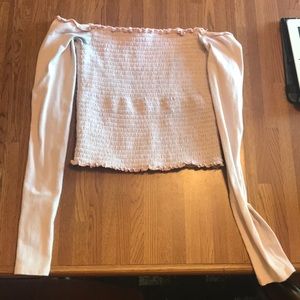 pink super cute off the shoulder shirt